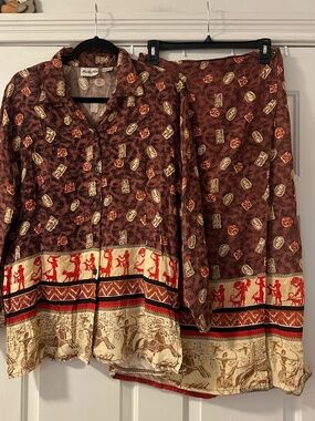 Vintage Marla Kim Egyptian Shirt and Skirt Set All-Over Print Women's Large 2 PC